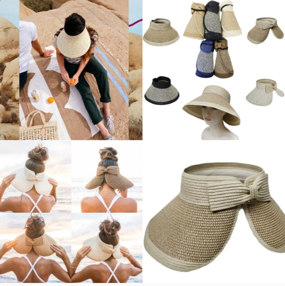 New! Travel Straw Sun Visor Straw Roll Up Travel Visor Tan and White New